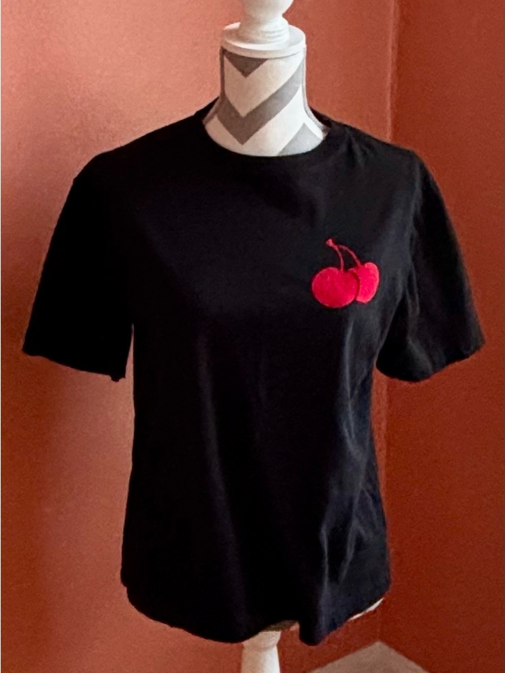 Black Short Sleeve Tee with Red Cherry Embroidery